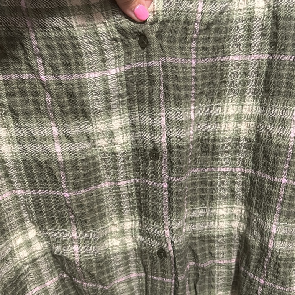 Como Vintage green, cream, lilac plaid tie waist button down size medium - Picture 3 of 8